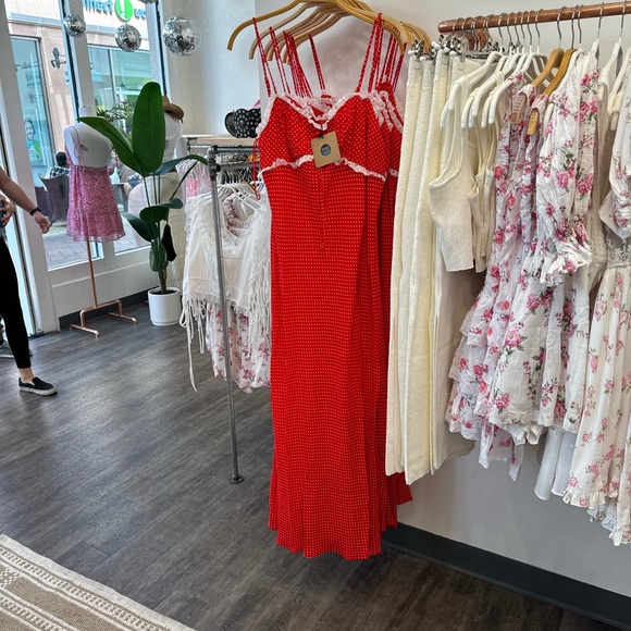 Red Polka Dot Maxi Slip Dress with White Lace Trim - Picture 5 of 7